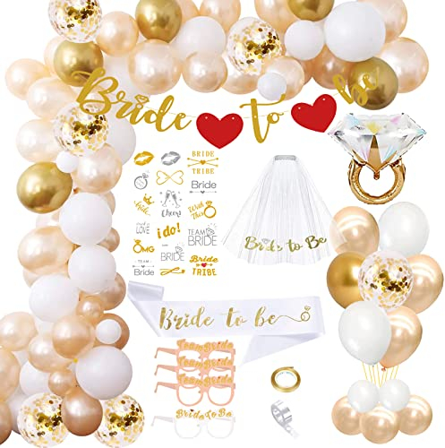 DUGEHO Bride to Be Deko, JGA Deko Frauen mit Gold Ballons Schärpe Girlande Schleier Brille, Jungesellinnenabschied Frau Accessoires Deko Bachelorette Party Decoration