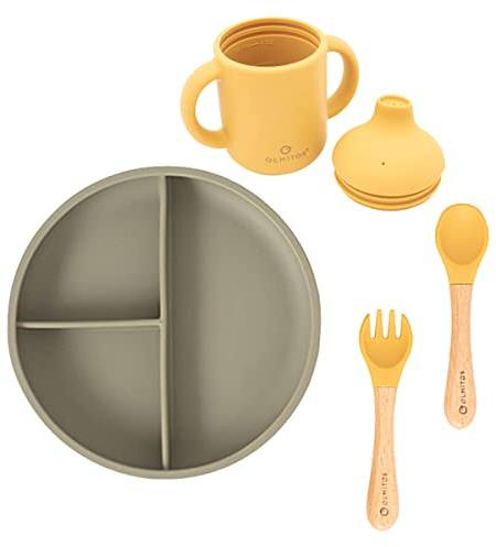 Olmitos - Vajilla de silicona 5 piezas con plato, taza, taza aprendizaje, tenedor y cuchara - infantil resistente y seguro - libre de BPA –de 6 a 36 meses - apto para microondas y lavavajillas Verde