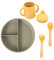 Olmitos - Vajilla de silicona 5 piezas con plato, taza, taza aprendizaje, tenedor y cuchara - infantil resistente y seguro - libre de BPA –de 6 a 36 meses - apto para microondas y lavavajillas Verde