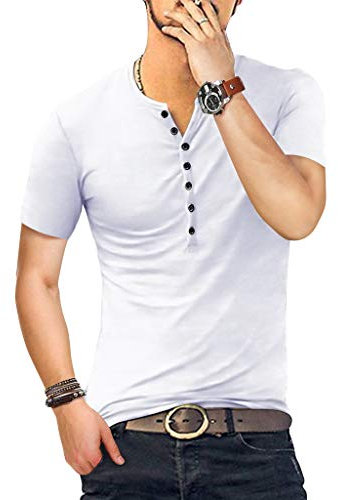 KUYIGO Hombres Moda Casual Frente Placket Básico de Manga Corta Henley Camisetas Tops L Blanco