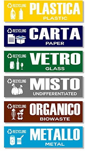 GamesMonkey® - Stickers Separate Collection Recycling Waste Rubbish v2 - Waterproof Washable Illustrated - Italian English - Compliant with UNI 11686 (15x4 cm, 6 Pieces)