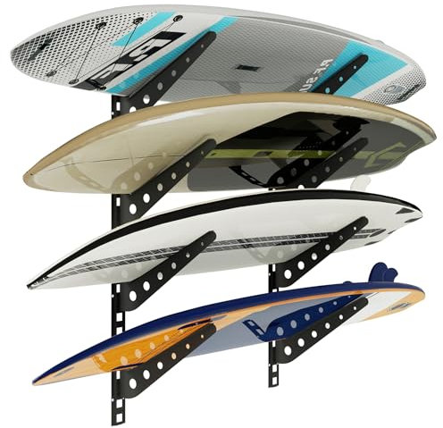 Neorexon Surfbrett Aufbewahrungsregal 4 Ebenen, Horizontal und Verstellbar Surfbrett Wandregal mit 4 Schutzhüllen Paddle Board Wandregal, Hält 4 oder mehr Boards Storage Mount System zu Hause und