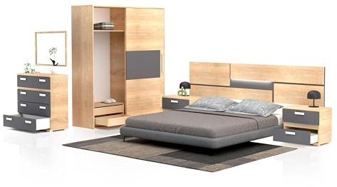 duehome | Pack de Dormitorio con Cabecero + 2 mesitas de Noche + Comoda + Espejo + Armario y Cajonera Interior, Dormitorio Completo, Modelo Ataneq Pure 4c Plus, Acabado en Cambria y Grafito