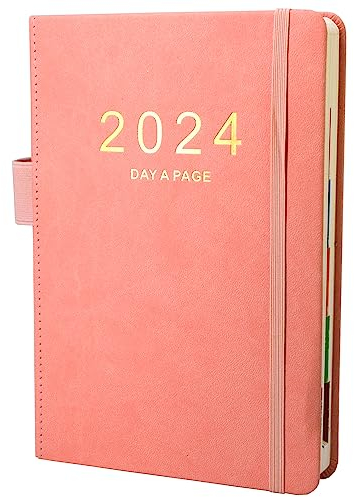 Academic Diary 2024, Day to a Page, Hardcover Organised from January 2024 to December 2024, Agenda A5 Daily Planner with Monthly Tabs, Inner Pocket, 21 x 14,5 cm, (Rosa)