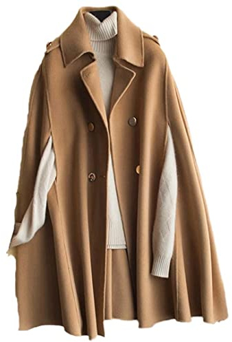 Hcclijo 100% Wolle Mid Long Bat Cape Damen Wollmäntel Frühling Lockere Doppelseitige Kaschmir-Oberbekleidung Camel M