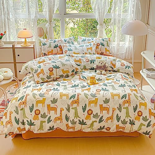 LIWHENHAO Tier-Bettbezug-Set für Queen-Size-Betten, 100 % Baumwolle, tropischer Löwe, Giraffe, Krokodil, Gepard, Tiger auf Weiß, 1 Safari-Bettbezug, durchgehender Reißverschluss, 2 Kissenbezüge für