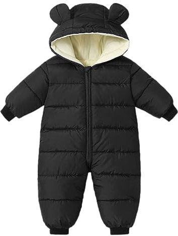 Bébé Filles Garçons Combinaison de Ski Hiver Manteau Nouveau-Né Épais Fermeture éclair Barboteuse Bébé Coupe-Vent Capuche Polaire Vêtements D'Extérieur Noir 9-12 Mois