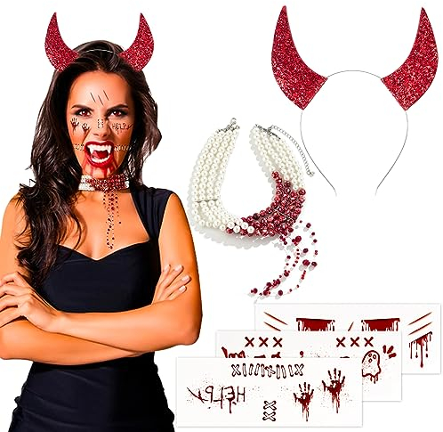BOFUNX Halloween Teufelshörner Haarreif Rot mit Blutige Perlen Halskette + 3 Blätter Halloween Temporäre Tattoos Vampir Teufel Kopfbedeckung Accessoires für Halloween Mottoparty Karneval Party