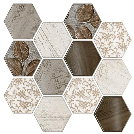 VEELIKE Fliesenaufkleber Holzoptik Braun Sechseck Klebefliesen Küche Fliesenfolie Bad Wasserfest Küchenfliesen Überkleben Selbstklebende Fliesen Holz Klebefolie Fliesenoptik 30.5cm×30.5cm 6 Stück
