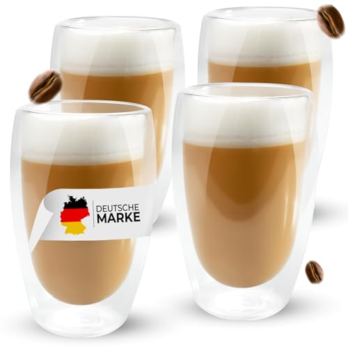 Lemontree 4er Set große Latte Macchiato Gläser 450ml - doppelwandige Gläser, Design Kaffeetassen, Teegläser hitzbeständig, Cappuccino Tassen aus Borosilikatglas