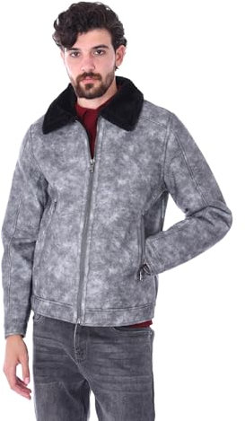 Ciabalù Montone Uomo con Pelliccia Interna Chiodo Imbottito Slavato Colletto con Pelliccia Giubbotto Invernale Modello Aviatore Slim Fit (IT, Testo, L, Regular, Regular, Nero)