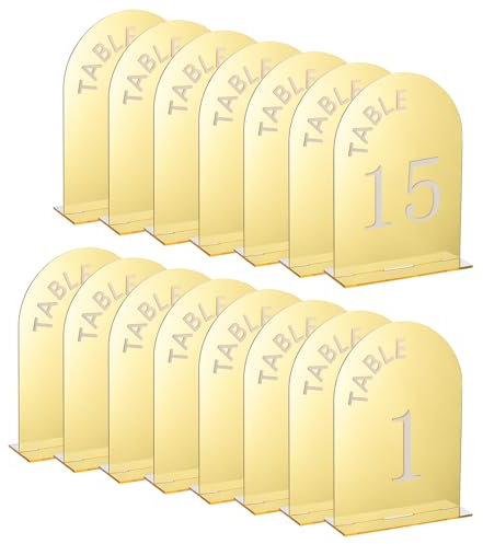 QUARKZMAN 15Pcs 4.8 x 7 Pouce Panneau Acrylique en Forme D'Arc Doré Avec Support, Supports de Numéros de Table en Arc Acrylique pour Décoration de Centre de Table de Mariage (Numéro 1-15)
