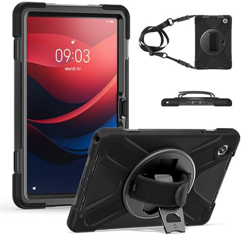 Junfire Hülle für Lenovo Tab M11 2024(TB330FU/TB330XU), Stoßfeste Robuste Schutzhülle mit 360 Grad Drehbar Stände, Handschlaufe, Schultergurt und Stifthalter für Lenovo Tab M11 11 Zoll-Schwarz