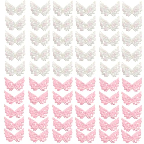 ZAHD 60 Stück Engelsflügel Klein Pailletten Flügel Patches Patches kleine Engelsflügel Flicken Aufbügeln Glitzernde Engelsflügel Mini flügel Für Ornamente Stoff für Kleidungsstück (weiß, pink)
