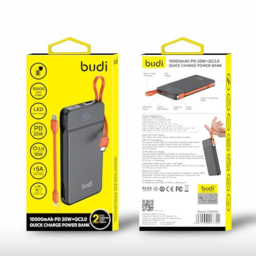 Budi - 10000mAh PD 20W+QC3.0 Quick Charge Power Bank - PB058B