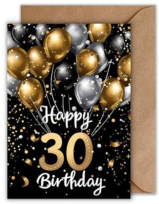 WBdesignz Geburtstag Karte mit Umschlag - Elegante Geburtstagskarte 30 Jahre Happy Birthday Schwarz Gold Ballons 30ter Geburtstag (DIN A6)