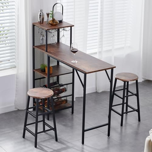 3-Piece Bar Table Set, Breakfast Bar Table and 2 Stools Set with Wine Rack, Glass Holder, Shelves & Hooks, Counter Height Dining Table Set for Kitchen Living Room Dining Room Home Bar (Rustic Brown)