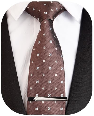 SIILLKEVIN Herren-Krawatte und Krawattenklammer, Geschenkbox-Set für Party, Hochzeit, formelle Anlässe, 21_braun und weiß, Standard