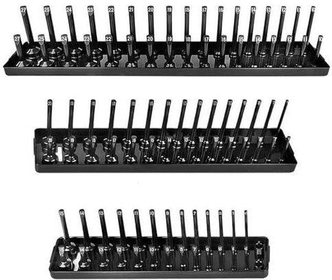Set di 3 vassoi porta bussole in plastica ABS, set di vassoi per prese da 1/4/3/8/1/2, porta bussole profonde e poco profonde, vassoio in plastica metrica (nero)