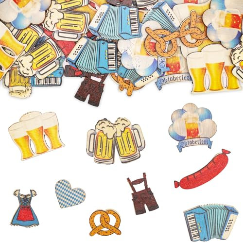 ALEGRE® Streudeko Oktoberfest Deko Konfetti Holz, 50 Stück Edelweiss Bier Dirndl Brezel Lederhose Oktoberfest Tischdeko, Bayrische Deko Confetti für Bier Deko, Bier Oktoberfest Thema Party Dekoration