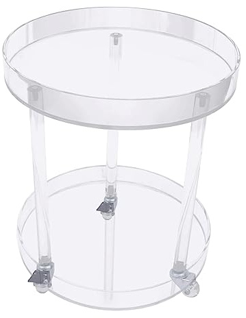 UPJAKS Durchsichtiger Acryl-Beistelltisch mit Rädern, 2 Etagen, Kleiner runder Beistelltisch, 16 Zoll, rollender Servierwagen, Aufbewahrungstablett für Balkon Wohnzimmer Tisch