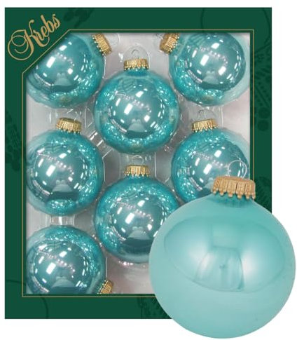 Krebs Glas Lauscha - Weihnachtsdekoration/Christbaumschmuck aus Glas - Unifarbende Kugeln Seerose - Menge: 8 Stück - Farbe: Aquamarin - Größe: ca. 7 cm