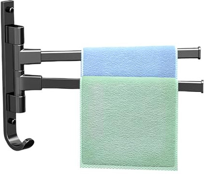 Porte-Serviettes Pivotant à 2 Bras, Support Mural pour Serviettes, Alliage d'Aluminium Rotation à 180 Degrés, Double Barre Pivotante Porte Serviette Accessoire pour Salle de Bain ou Cuisine (Noir)