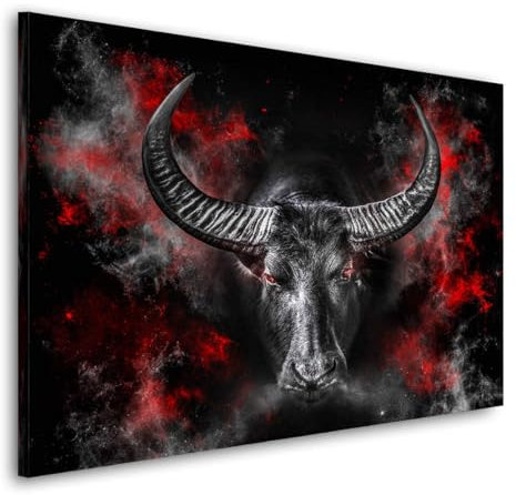 Kunstgestalten24 Leinwandbild Stier Devil Style Wandbild Kunstdruck Wanddeko XXL Wandekoration Gemälde Deko Bilder Modern Art Bild Kunstwerk Canvas Hochwertiger Kunstdruck
