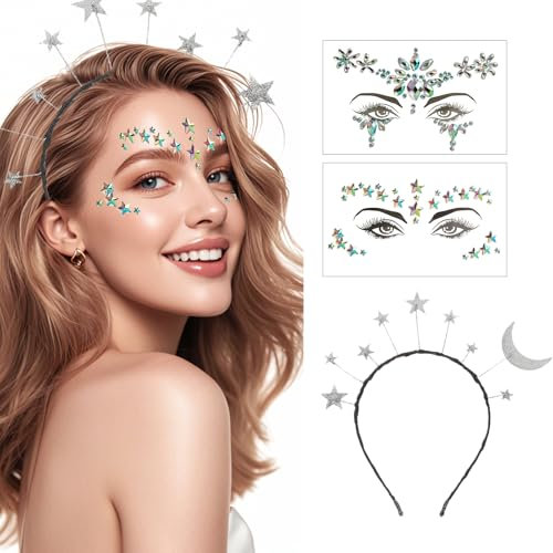 XDGBGFN Sterne Haarreif Silber Glitzer Aufkleber Gesicht Sterne Stirnband Strass Haarband Gesichtstattoo Karneval Fasching für Frau Party Kostüm (Silber)