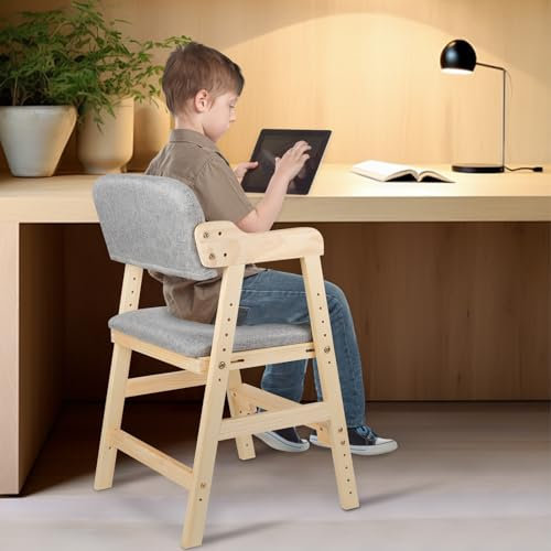 Hochstuhl aus Holz, verstellbar, aus hochwertigem Buchenholz, 1-12 Jahre bis 90 kg –Hochstuhl, höhenverstellbarer Holzhochstuhl für kinder von 2 bis 12 Jahren (48 * 46 * 78cm - Grau)