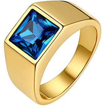 Bestyle Ring Herren mit Stein 8 * 8mm Quadrat Schliff Edelstein Blauer Saphir Band Ring Edelstahl Gothic-Ring Siegelring Fingerring für Papa Vater Männer,Gold,Größe 54