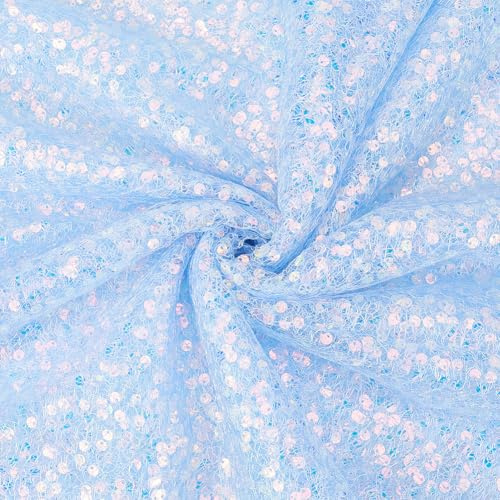 CABODYALS 183cm Hellblau Spitzenstoff Mit 3D Pailletten Sparkly Stoff Tüllband Deko Garn Glitzer Stoffe Zum Nähen Tüllstoff Tischläufer Paillettenstoff Für Partydekorationen Kostüme Nähen Basteln