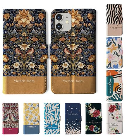 Tirita Personalised Wallet Phone Case for iPhone 12 Mini With Card Holder – Leather Flip Case or Cover With Custom Name – Cute Personalised Gift for Women [02. William Morris Floral Yellow Flowers]