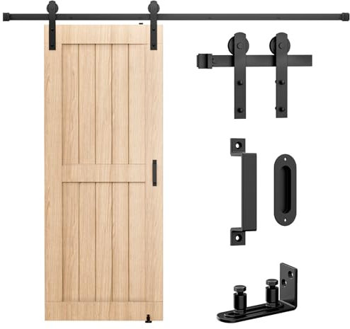 Signstek Schiebetür Komplettset Schiebetürbeschlag Schiene Set Laufschienen Schiebetürsystem Schwarz 200cm mit Griffen/Latch/einstellbare Bodenführung für Küche, Schlafzimmer, Scheunen, Garagen