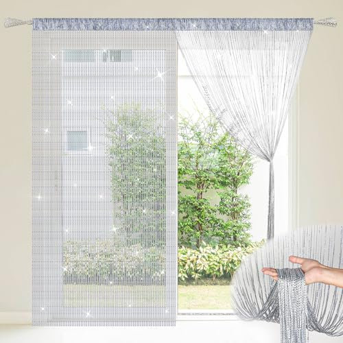 2 Pcs String Curtain Panel 100×200cm Glitter Room Divider Fly Bird Barrier Shimmery Window Door Decor for Living Room Bedroom Office (Silver)