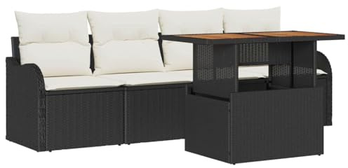 vidaXL Garten-Sofa-Set mit Kissen 5 pcs Schwarz und Creme, Garten und Terrasse, modernes Outdoor-Sofa, Flexibles Lounge-Set, höhenverstellbarer Tisch, Patio-Arrangement