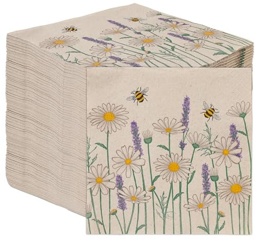 Table Kind 100 x Serviettes en papier souples en vrac, motif marguerites, fleurs, abeilles, jetables, pour fête, mariage, quotidien, kraft, non blanchies, fabriquées dans l'UE, 2 plis, 33 cm