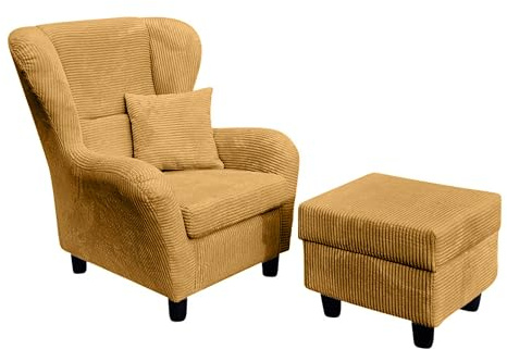 Gemütlicher Ohrensessel mit Hocker im Landhaus-Stil, B90/H98/T76 cm, hoher Sitzkomfort durch Wellenunterfederung, moderner Lesesessel mit Echtholzfüßen und Zierkissen, Cord in Gold Ockergelb / 18022