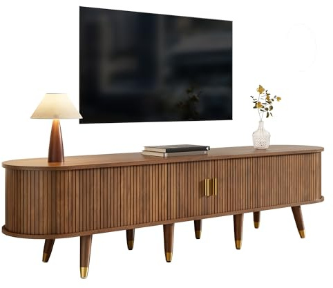 BTM TV-Schrank 175 cm mit Rattan-Schiebetür, Walnussoptik & viel Stauraum – Landhausstil Fernsehtisch aus MDF mit offenen Fächern, Schubladen & Schrank – natürliches Design