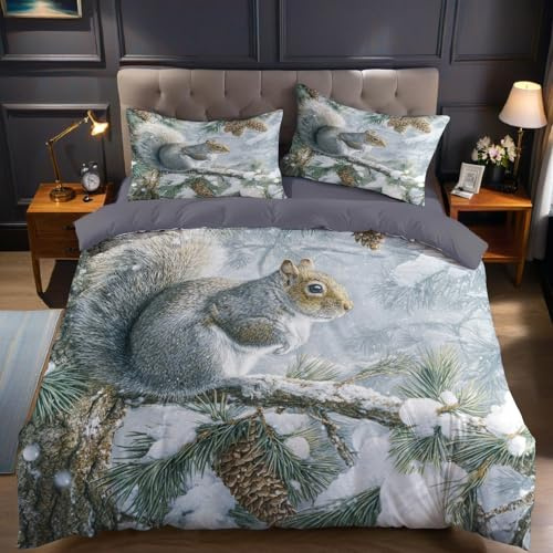 Grau Bettwäsche Set 155 x 220 cm Tier Kiefernwald Eichhörnchen 3 teilig Mikrofaser Bettbezug bügelfrei weich für Allergiker mit 2 Kissenbezüge 80 x 80 cm Kinder Jugendliche