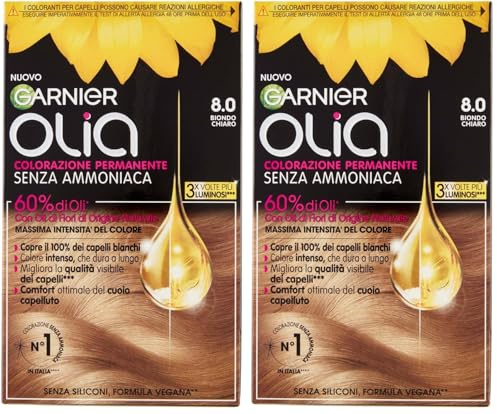 Garnier Olia Tinta Capelli, Colorazione Permanente Senza Ammoniaca, Copre il 100% dei Capelli Bianchi, Con Oli di Fiore di Origine Naturale, Formula Vegana, Biondo Chiaro (Confezione da 2)