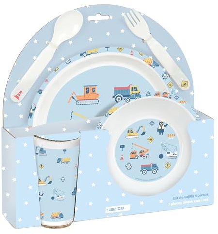 SAFTA PREESCOLAR GRUAS - Set de Platos y Cubiertos, Pack, Plato, Cubierto, Bebé, Iniciación, Comida, Cómodo y Versátil, 26x9x26 cm