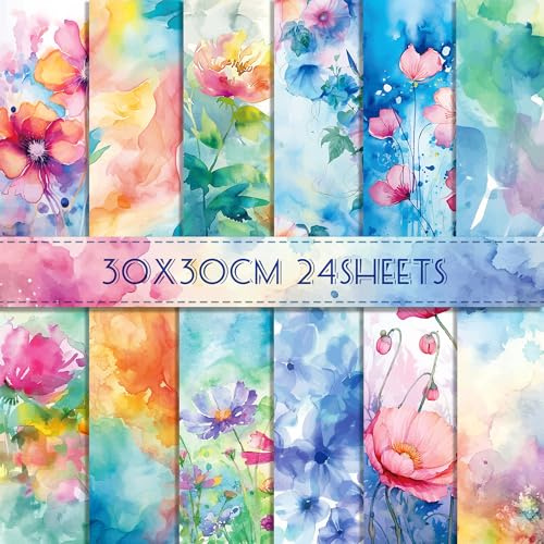 24 Blätt Bunt Scrapbook Papier Designpapier Blumenmuster,12 Designs Aquarell Doppelseitige Bastelpapier Dekorpapier für Scrapbook Craft Craft Origami Papier Journal Motivpapier DIY Fotoalbum,30x30CM