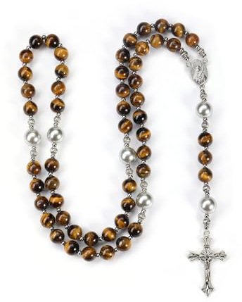 Jovivi Katholische Rosenkranz Kette Tigerauge Vulkangestein Halskette mit Kreuz Anhänger Herren Perlenkette Gebetskette Katholische Amulett Schmuck für Frauen Männer