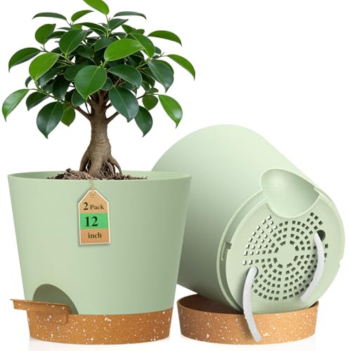 WSMKSZ 30 cm Large Self Watering Plant Pots Indoor, 2 Pack Flower Pots | 12 inch Thick Plastic Planters Pots with Drainage Holes&Deep Reservoirs, Cotton Wicks, for House&Outdoor Plants, Green Brown