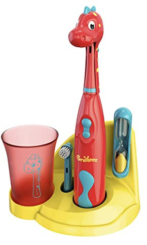 Brusheez Kid's Electric Toothbrush Set - Pepper the Dino - Includes Battery-Powered Toothbrush, 2 Brush Heads, Cute Animal Cover, Sand Timer, Rinse Cup & Storage Base