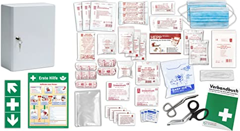 Erste Hilfe Schrank-Medizinschrank-Verbandschrank (247x110x300) -Komplettpaket- Füllung nach AKTUELLER DIN/EN 13157 (Betriebe) + viele Extras INKL. Verbandbuch + Aushang + Folienaufkleber