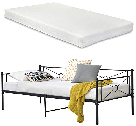[en.casa] Metallbett Alvesta 90x200 cm mit Matratze Tagesbett mit Kaltschaummatratze Jugendbett Gästebett Stahl Schwarz