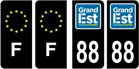 HADEXIA – Juego de 4 pegatinas para placa de matrícula de coche, departamento 88 Vosgs, logo de la región del Gran Este, negro & F Francia Europa