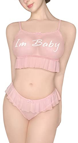 LittleForBig tutù a Rete Lacy Trim Donna Nightwear Spaghetti e Biancheria Intima Cami Top Tanga Bralette Set-I'm Baby Rosa XS